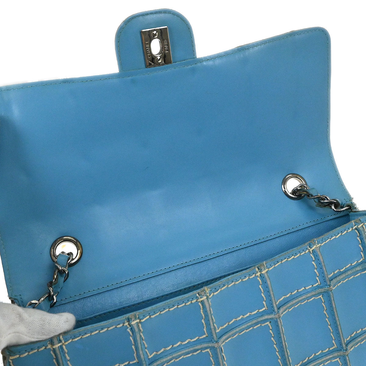 Chanel 2001-2003 Light Blue Calfskin Wild Stitch Choco Bar Waffle Shoulder Bag