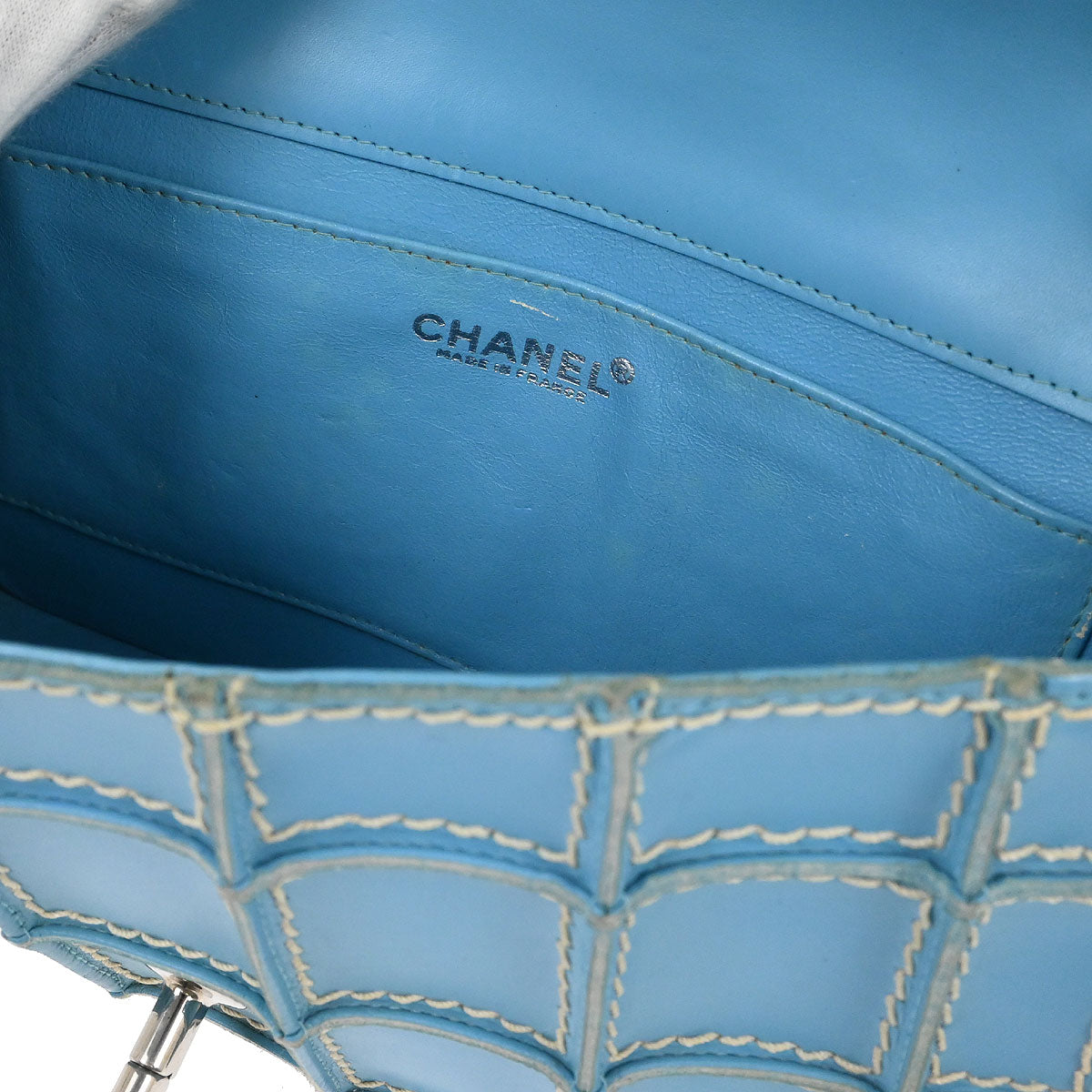 Chanel 2001-2003 Light Blue Calfskin Wild Stitch Choco Bar Waffle Shoulder Bag