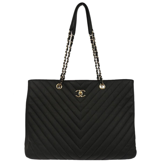 Chanel 2019 Black Caviar Skin Chevron Shopping Tote Chain Handbag