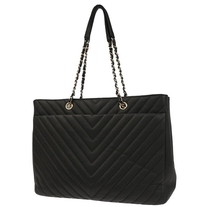 Chanel 2019 Black Caviar Skin Chevron Shopping Tote Chain Handbag