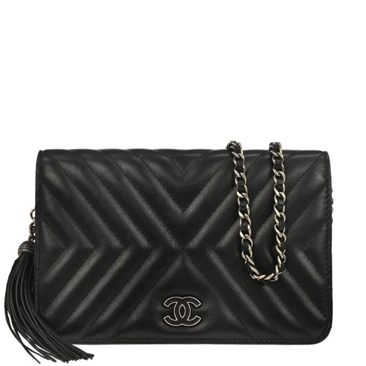 Chanel 2019 Black Lambskin Chevron Tassel WOC Wallet on Chain Shoulder Bag