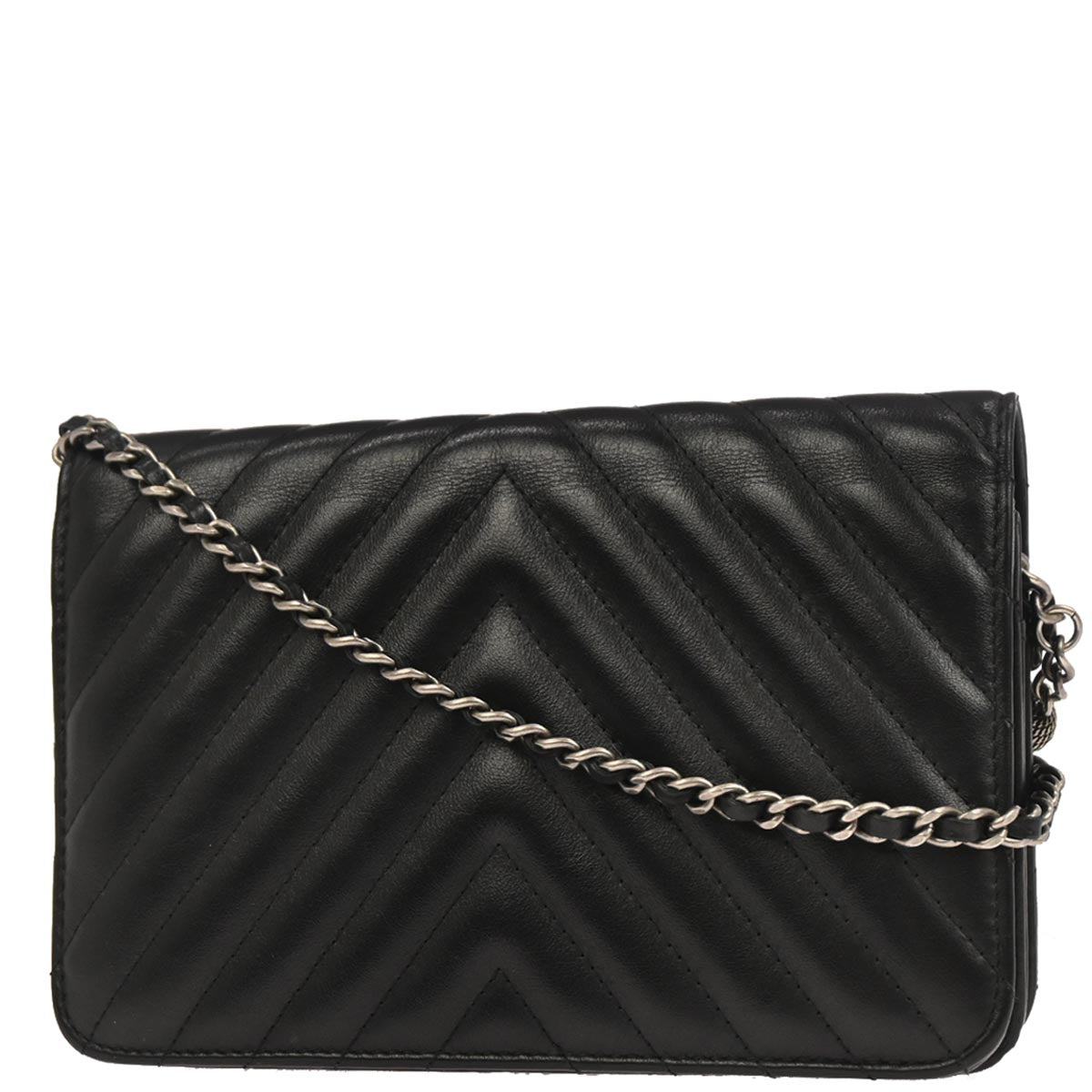 Chanel 2019 Black Lambskin Chevron Tassel WOC Wallet on Chain Shoulder Bag