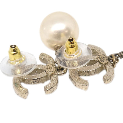 Chanel Dangle CC Pierced Earrings Gold Rhinestone Artificial Pearl A13P