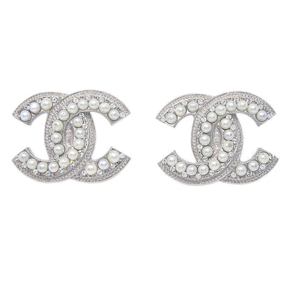 Chanel CC Clip-On Earrings Silver Costume Pearl Rhinestone 18P
