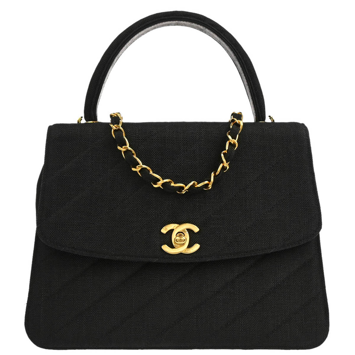 Chanel 1991-1994 Black Linen Top Handle 2way Shoulder Handbag