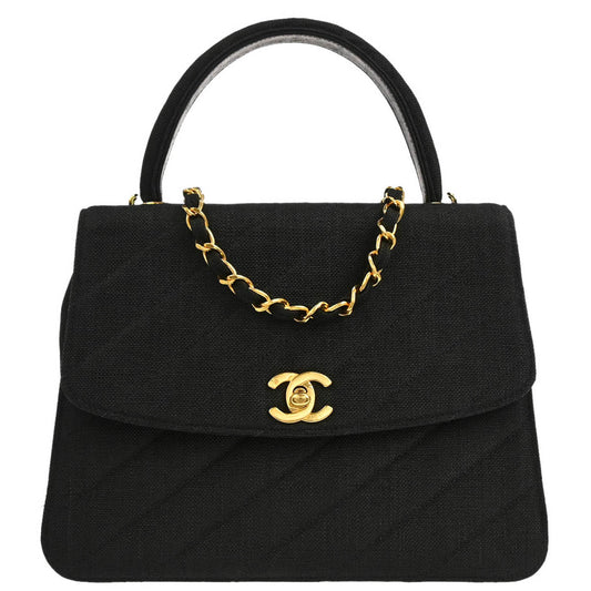 Chanel 1991-1994 Black Linen Top Handle 2way Shoulder Handbag