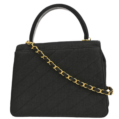 Chanel 1991-1994 Black Linen Top Handle 2way Shoulder Handbag