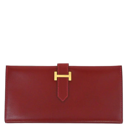 Hermes Rouge H Box Calf Bearn Bifold Long Wallet