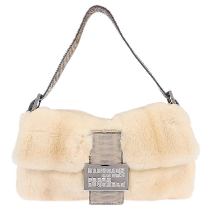 Fendi * White Rabbit Fur Python Baguette Handbag