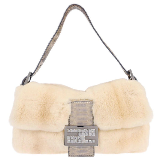 Fendi * White Rabbit Fur Python Baguette Handbag