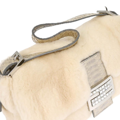 Fendi * White Rabbit Fur Python Baguette Handbag