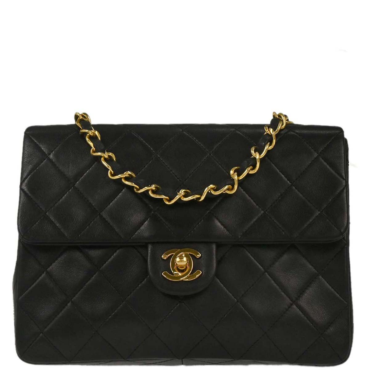 Chanel 1989-1991 Black Lambskin Classic Square Flap Shoulder Bag 20