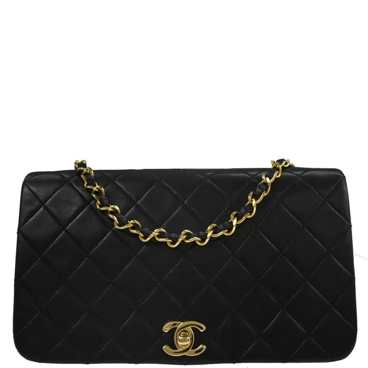 Chanel 1989-1991 Black Lambskin Turnlock Small Full Flap Shoulder Bag