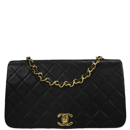 Chanel 1989-1991 Black Lambskin Turnlock Small Full Flap Shoulder Bag