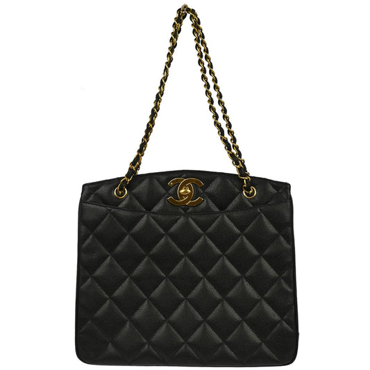 Chanel 1994-1996 Black Caviar Skin Tote Chain Handbag