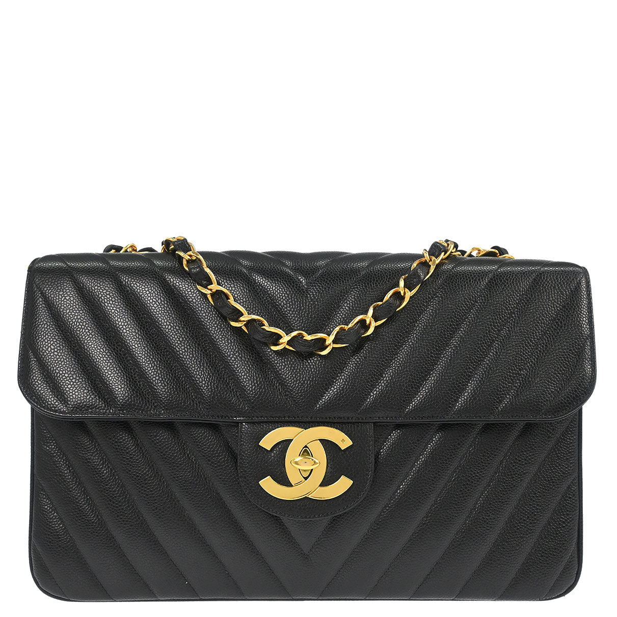 Chanel 1991-1994 Black Caviar Skin Chevron Maxi Classic Flap Shoulder Bag