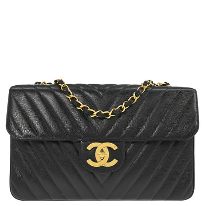 Chanel 1991-1994 Black Caviar Skin Chevron Maxi Classic Flap Shoulder Bag