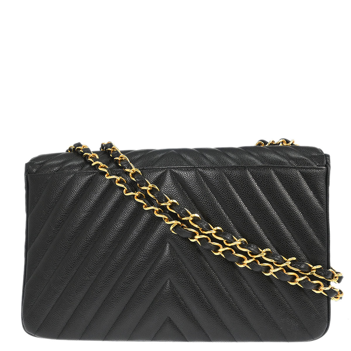 Chanel 1991-1994 Black Caviar Skin Chevron Maxi Classic Flap Shoulder Bag