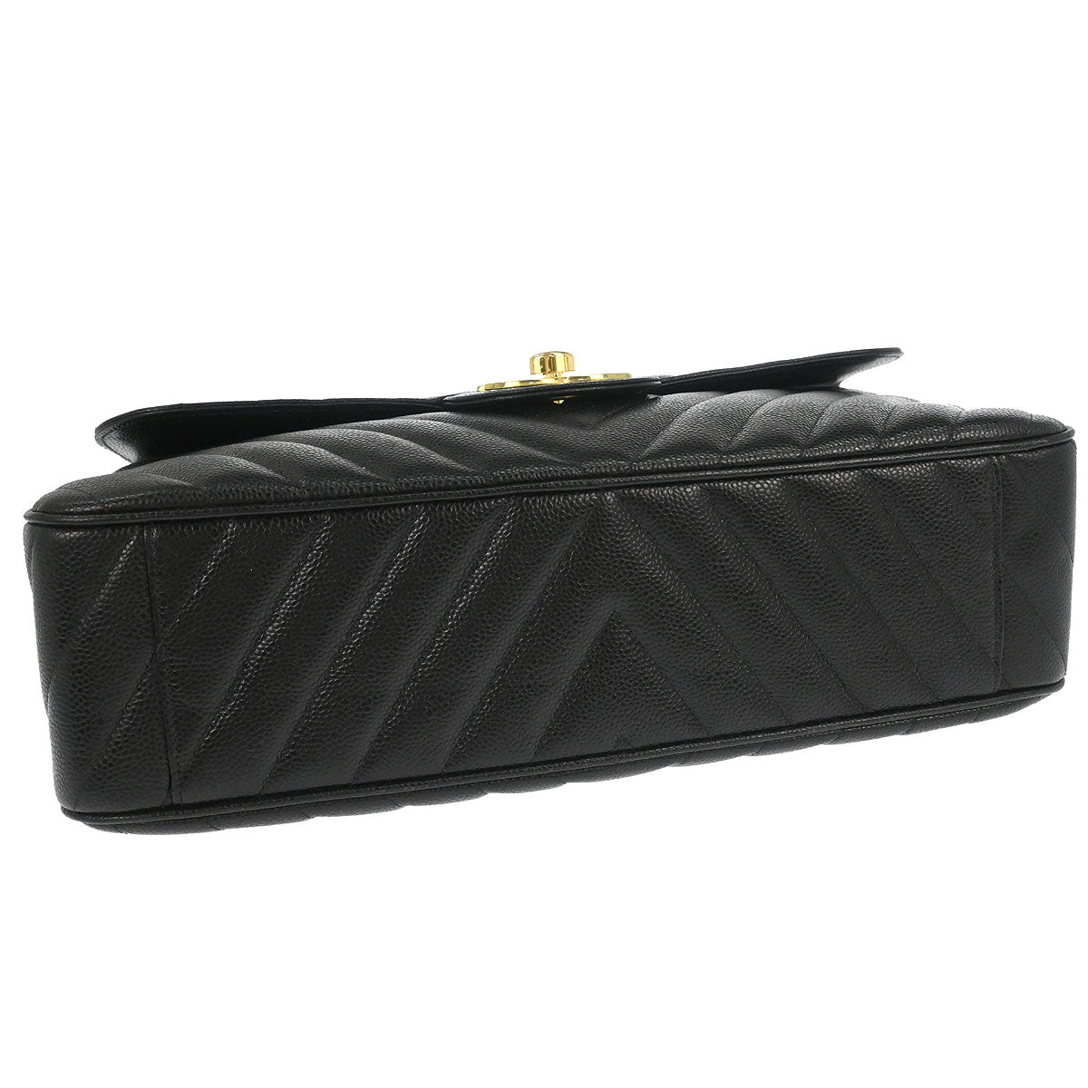 Chanel 1991-1994 Black Caviar Skin Chevron Maxi Classic Flap Shoulder Bag