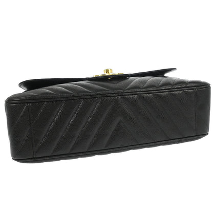 Chanel 1991-1994 Black Caviar Skin Chevron Maxi Classic Flap Shoulder Bag