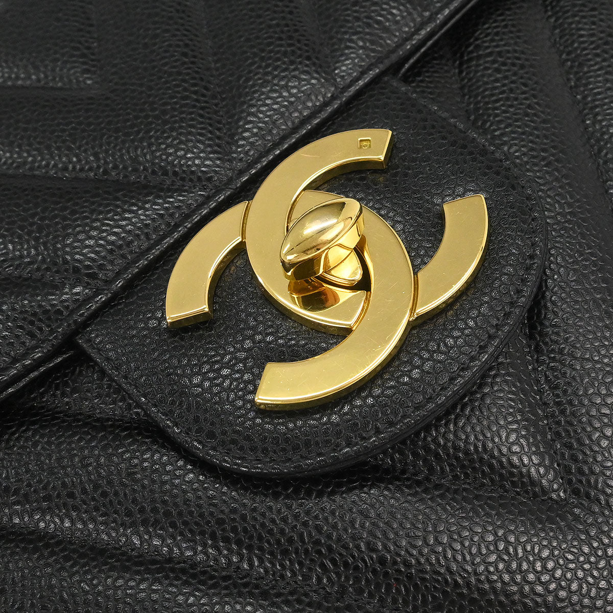 Chanel 1991-1994 Black Caviar Skin Chevron Maxi Classic Flap Shoulder Bag