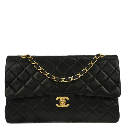 Chanel 1989-1991 Black Lambskin Medium Classic Double Flap Shoulder Bag