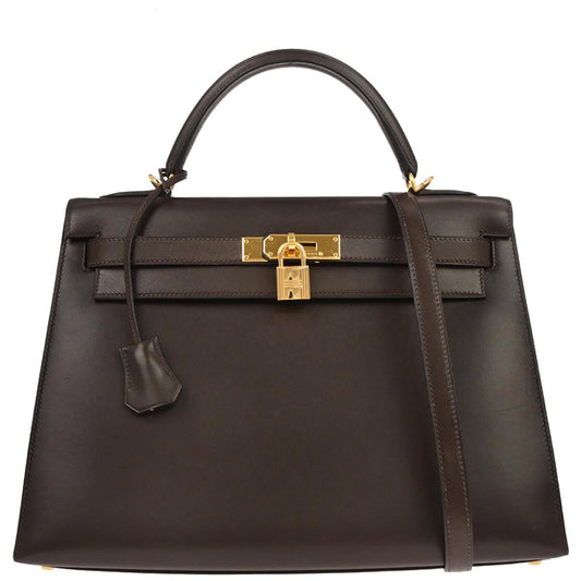 Hermes Ebene Box Calf Kelly 32 Sellier 2way Shoulder Handbag