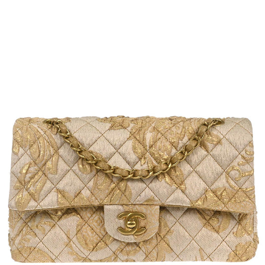 Chanel Gold Canvas Medium Classic Double Flap Shoulder Bag
