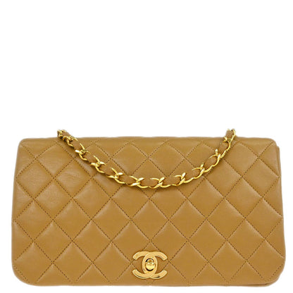 Chanel 1989-1991 Beige Lambskin Turnlock Small Full Flap Shoulder Bag