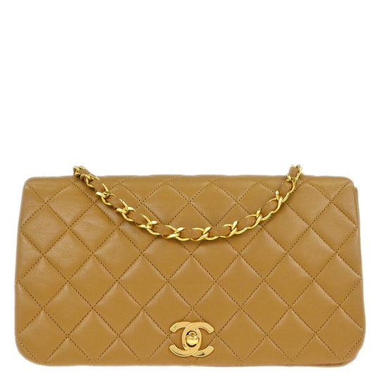 Chanel 1989-1991 Beige Lambskin Turnlock Small Full Flap Shoulder Bag