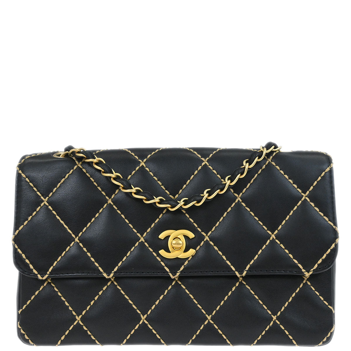 Chanel Black Calfskin Wild Stitch Single Flap Shoulder Bag