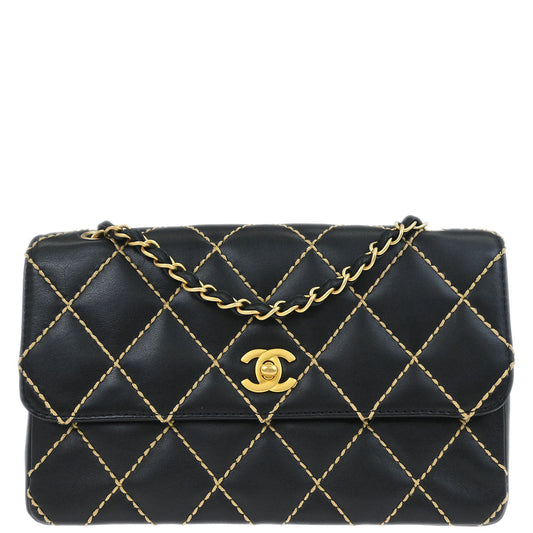 Chanel Black Calfskin Wild Stitch Single Flap Shoulder Bag