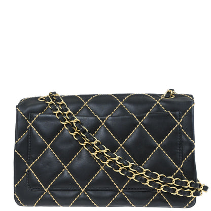 Chanel Black Calfskin Wild Stitch Single Flap Shoulder Bag