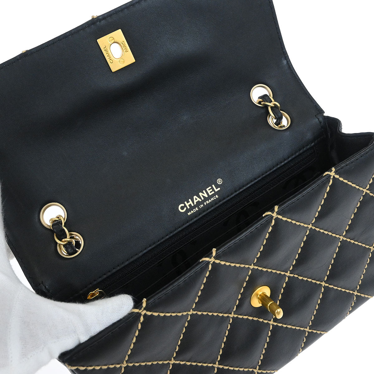 Chanel Black Calfskin Wild Stitch Single Flap Shoulder Bag