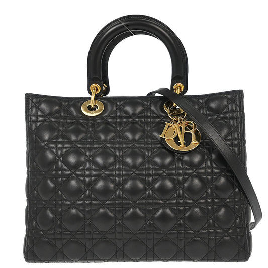 Christian Dior Black Lambskin Large Lady Dior Cannage 2way Shoulder Handbag