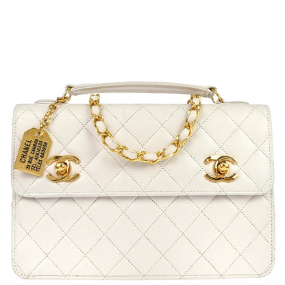 Chanel 1989-1991 White Lambskin Double Turnlock 2way Shoulder Handbag