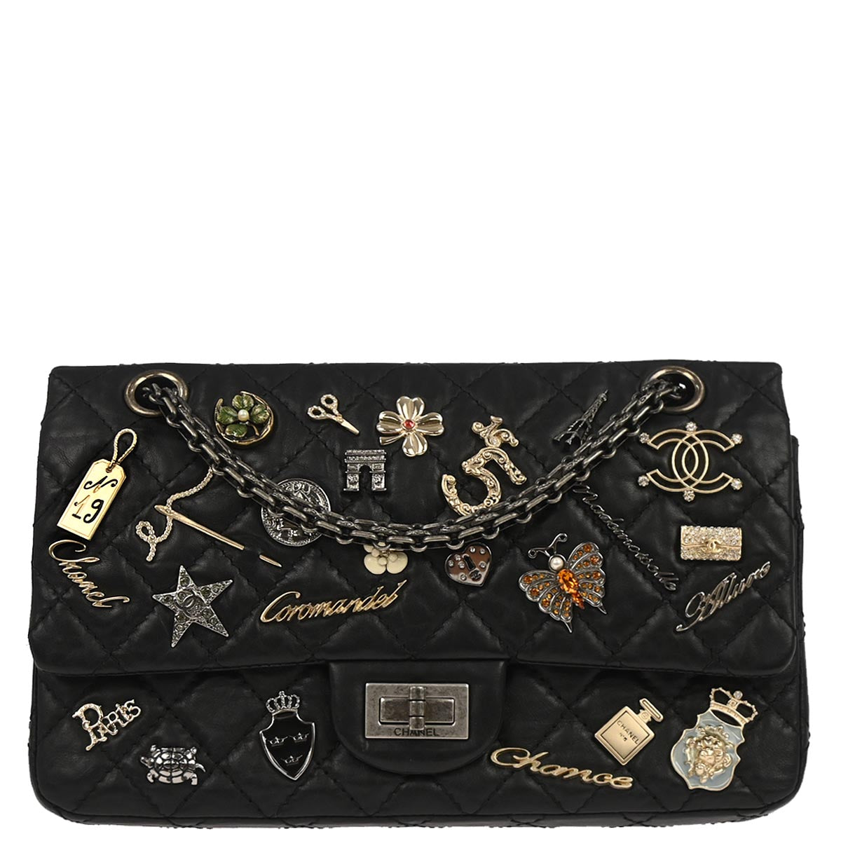 Chanel Black Calfskin Icon 2.55 Medium Classic Double Flap Shoulder Bag