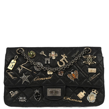 Chanel Black Calfskin Icon 2.55 Medium Classic Double Flap Shoulder Bag