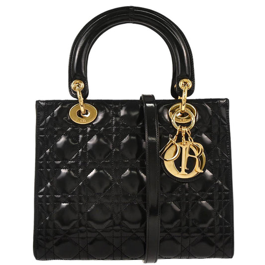 Christian Dior Black Patent Leather Cannage Lady Dior Shoulder Handbag