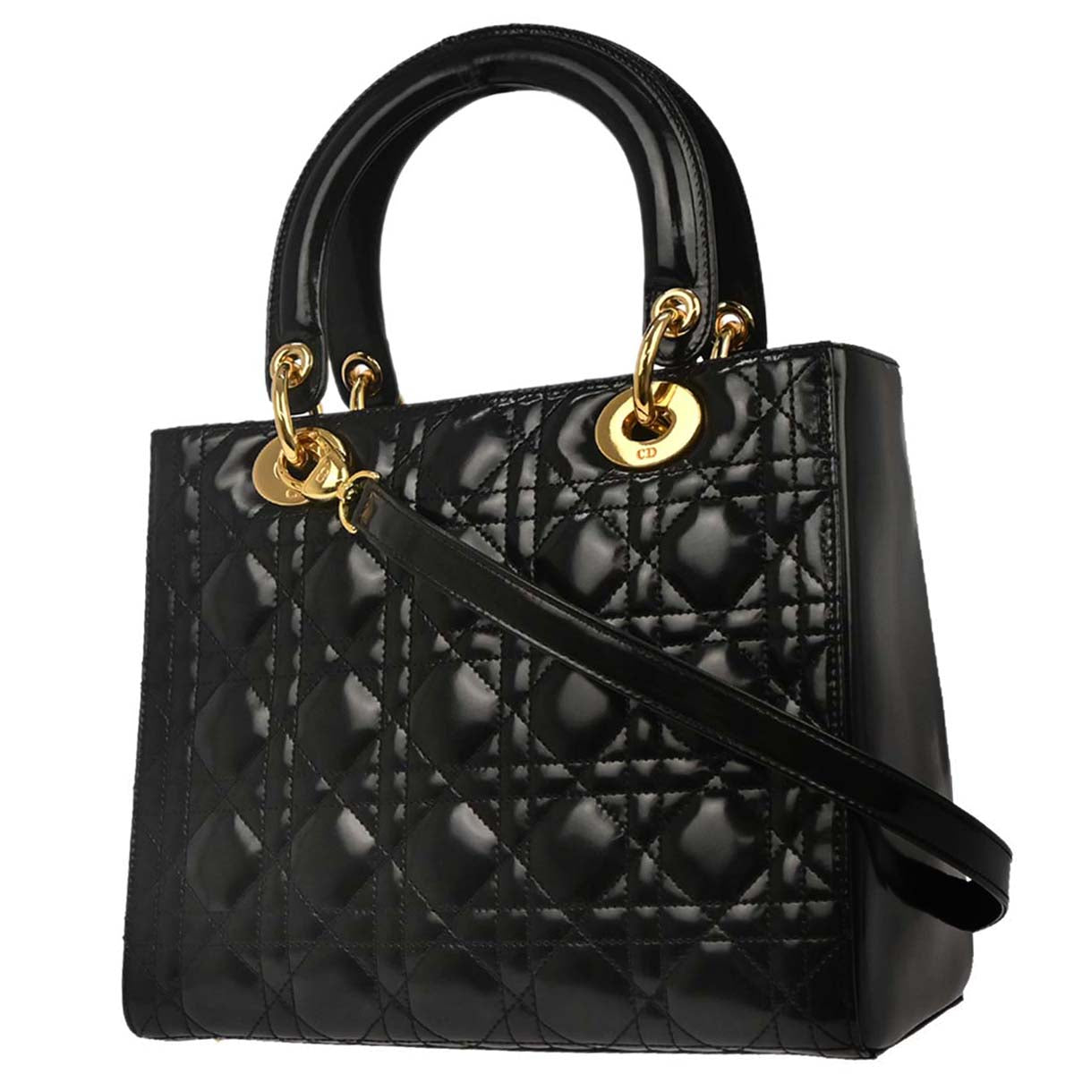 Christian Dior Black Patent Leather Cannage Lady Dior Shoulder Handbag