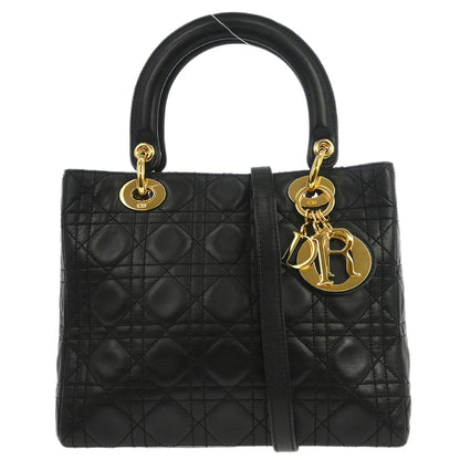 Christian Dior Black Lambskin Medium Lady Dior Cannage 2way Shoulder Handbag