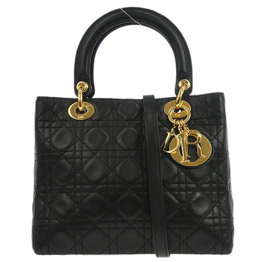 Christian Dior Black Lambskin Medium Lady Dior Cannage 2way Shoulder Handbag