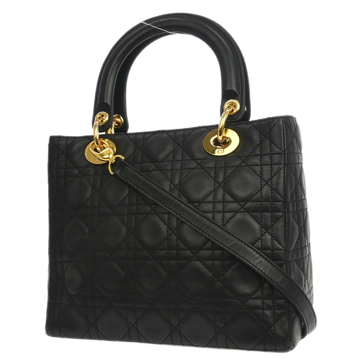 Christian Dior Black Lambskin Medium Lady Dior Cannage 2way Shoulder Handbag