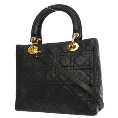 Christian Dior Black Lambskin Medium Lady Dior Cannage 2way Shoulder Handbag
