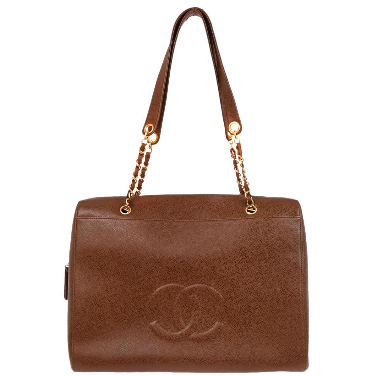 Chanel 1997-1999 Brown Caviar Skin Chain Tote Shoulder Bag