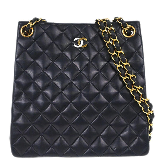 Chanel 1994-1996 Navy Lambskin Paris Chain Shoulder Tote Bag