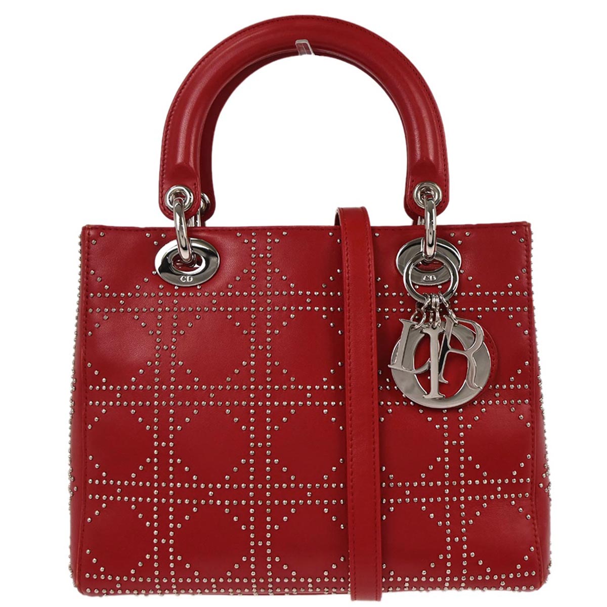 Christian Dior Red Lambskin Cannage Studded Lady Dior Shoulder Handbag