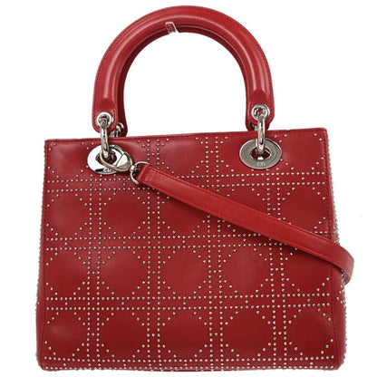 Christian Dior Red Lambskin Cannage Studded Lady Dior Shoulder Handbag