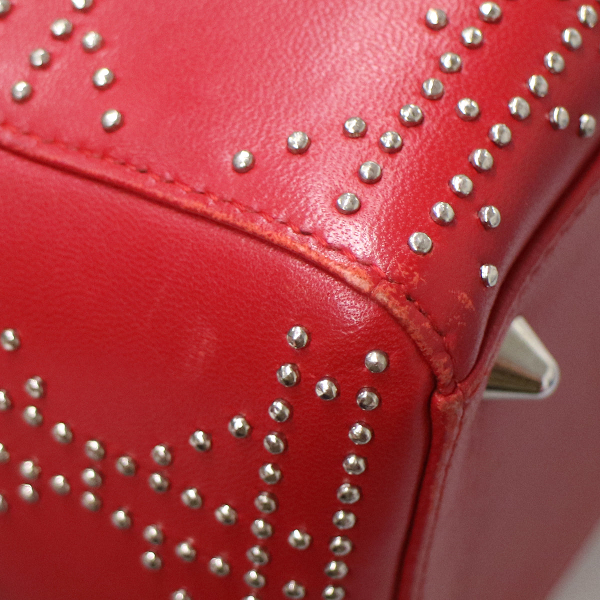 Christian Dior Red Lambskin Cannage Studded Lady Dior Shoulder Handbag