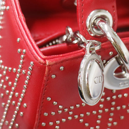 Christian Dior Red Lambskin Cannage Studded Lady Dior Shoulder Handbag